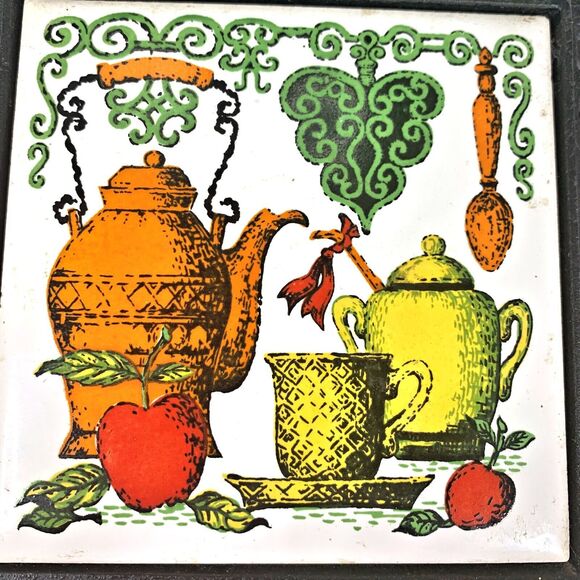 Cast Iron Ceramic Tile Trivet Coffee Teapot Japan Retro Country Farmhouse Vtg - Picture 2 of 4